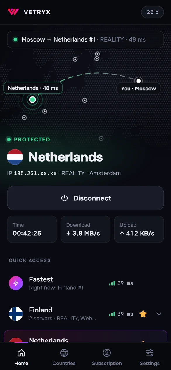 Vetryx for Android: connected to a server in the Netherlands