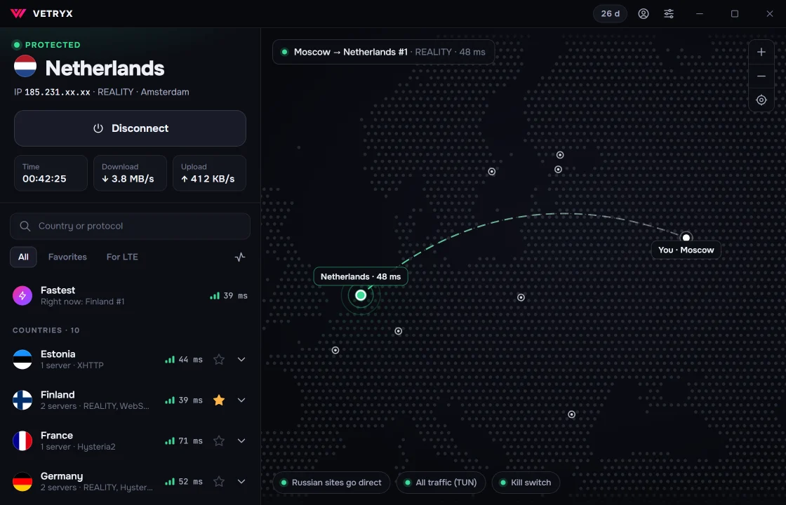 Vetryx for Windows: connected to a server in the Netherlands, with the route map and the country list